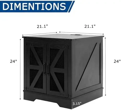 Farmhouse End Table Set with Charging Station, Black Living Room Tables with Hidden Storage, Rustic Wood Furniture for