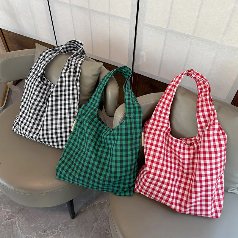 

Youda New Canvas Fabric Shoulder Bag For Unisex Simple Plaid Pattern Bucket Handbag Large Casual Capacity Shopper Tote Bags
