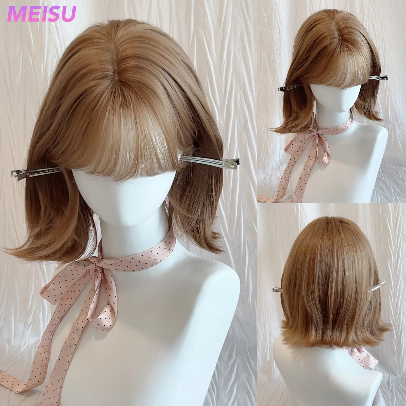 MEISU 12 Inch Short Microfilm Wig Rose Brown Synthetic Wig Layered Wigs Fiber Heat-resistant Party or Selfie For Women