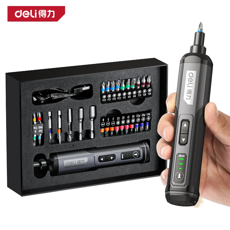 DELI Mini-Elektroschrauber-Set, 4 V, intelligente Akku-Elektroschrauber, Typ C, wiederaufladbar, 33-Bit-Set, Bohrmaschine, Elektrowerkzeug-Set
