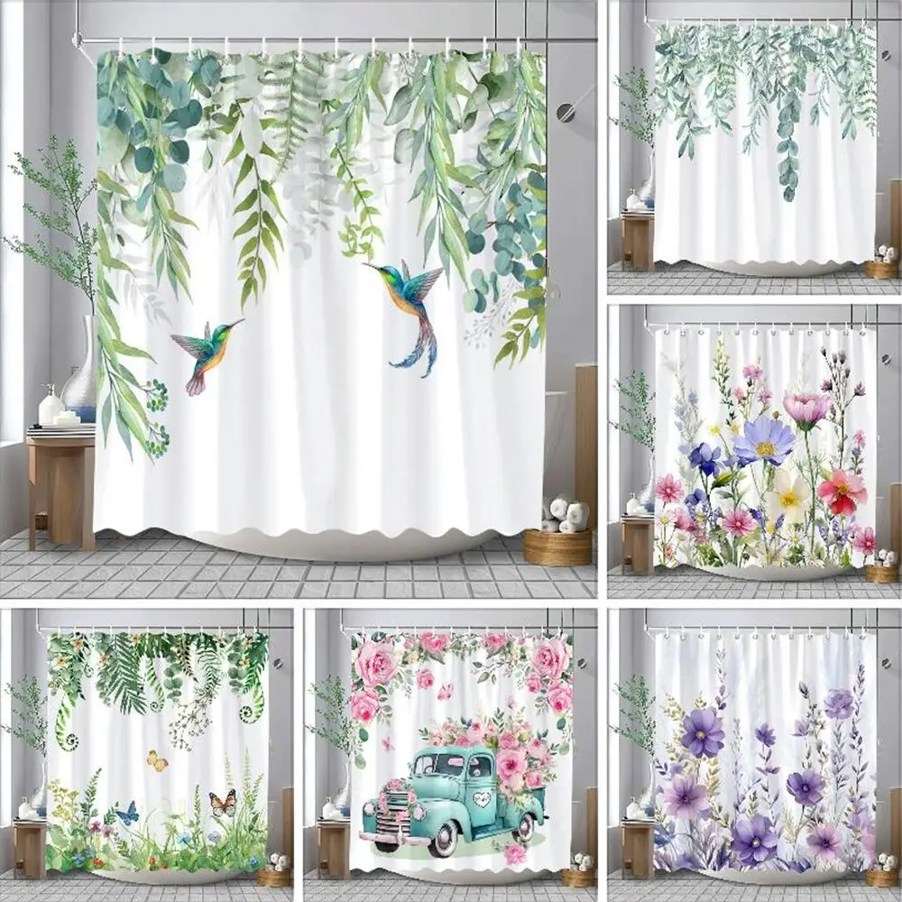 Watercolour Botanical Floral Leaf Shower Curtain Polyester Fabric Washable Home Bathroom Curtains Bathroom Decoration With Hooks