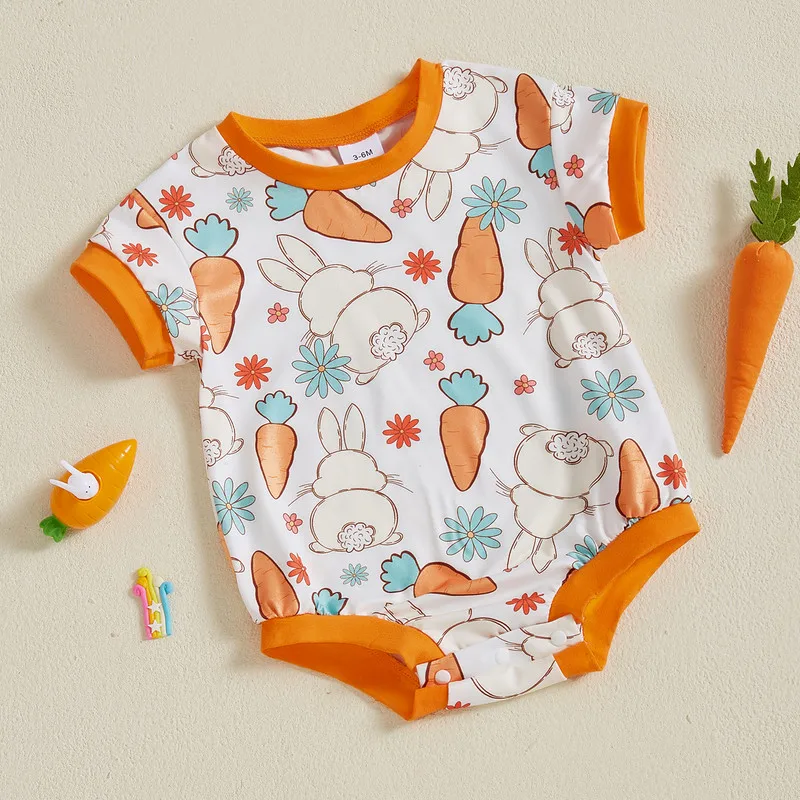 RUEWEY 0 to 18 Months Baby Easter Bodysuit Summer Clothes Short Sleeve Crew Neck Bunny Carrot Print Loose Newborn Jumpsuit