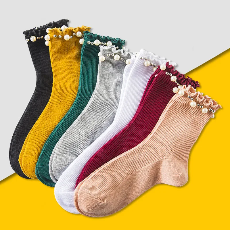 

5 Pairs Autumn Winter Women Pearl Socks With wooden Ear Edges Fashionable Comfortable Soft High Quality Cotton Socks Wholesale