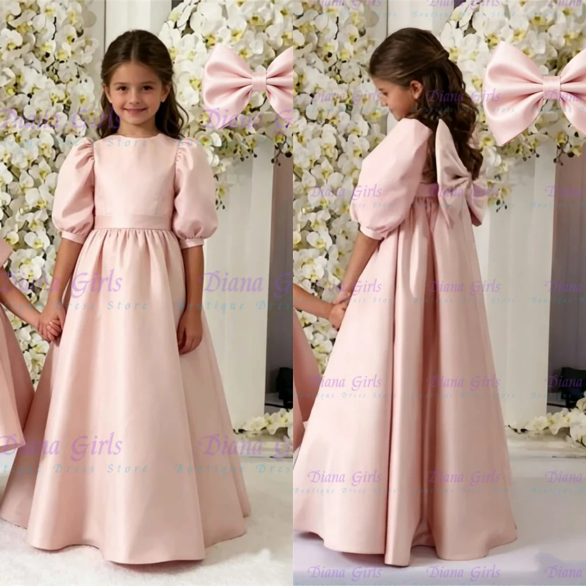 Quality Lovely Pink Flower Girl Dress Quality Satin Fluffy Big Bow For Little Girls Wedding Birthday Party Evening Ball Gowns