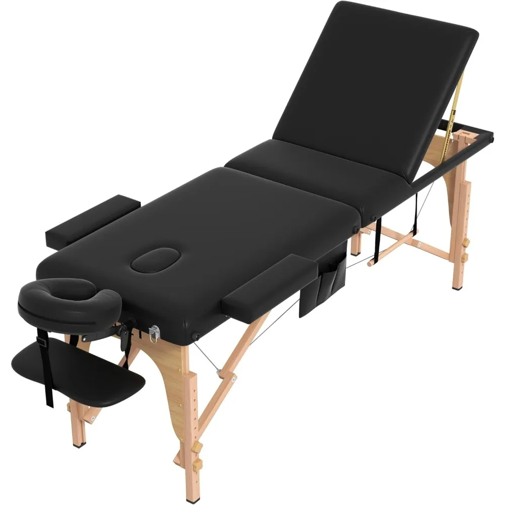 Massage Table, 3 Fold Portable Lash Bed Tatto Bed, Height Adjustable Spa Facial Bed 3 Sections with Face Cradle, Detachable