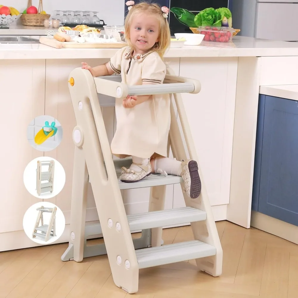 

Toddler Tower Kitchen Stool Helper - Foldable & Adjustable Height Kids Learning Stool for Kitchen Counter Bathroom Sink