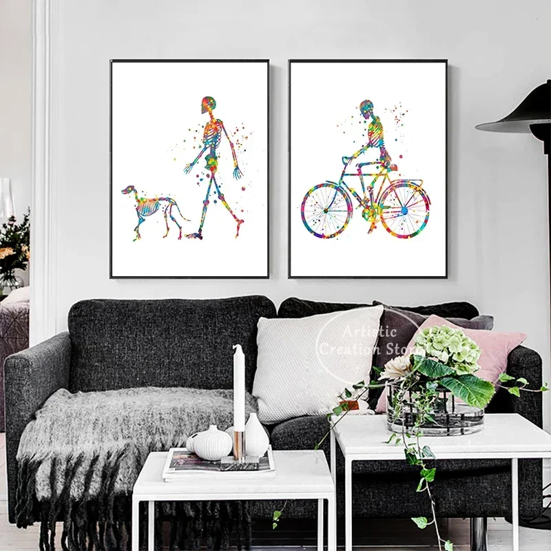 Divertido esqueleto humano, arte de anatomía, imágenes médicas, pintura en lienzo de baile giratorio, impresiones, arte de pared, póster, regalo, decoración de la habitación de la oficina