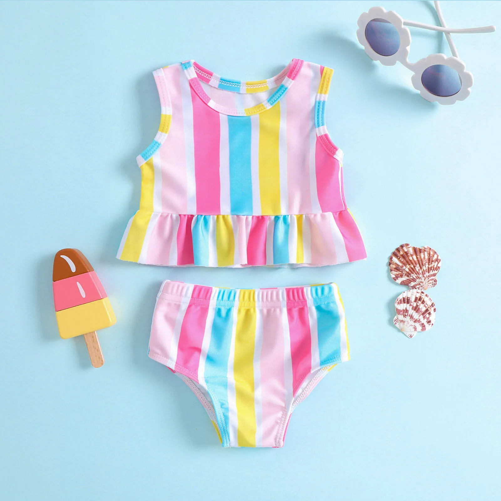 Summer Girls Two-piece Swimsuit Bikini Baby Cute Colourful Striped Frill Sleeveless Tankini Sets Swimwear Vacation Beachwear