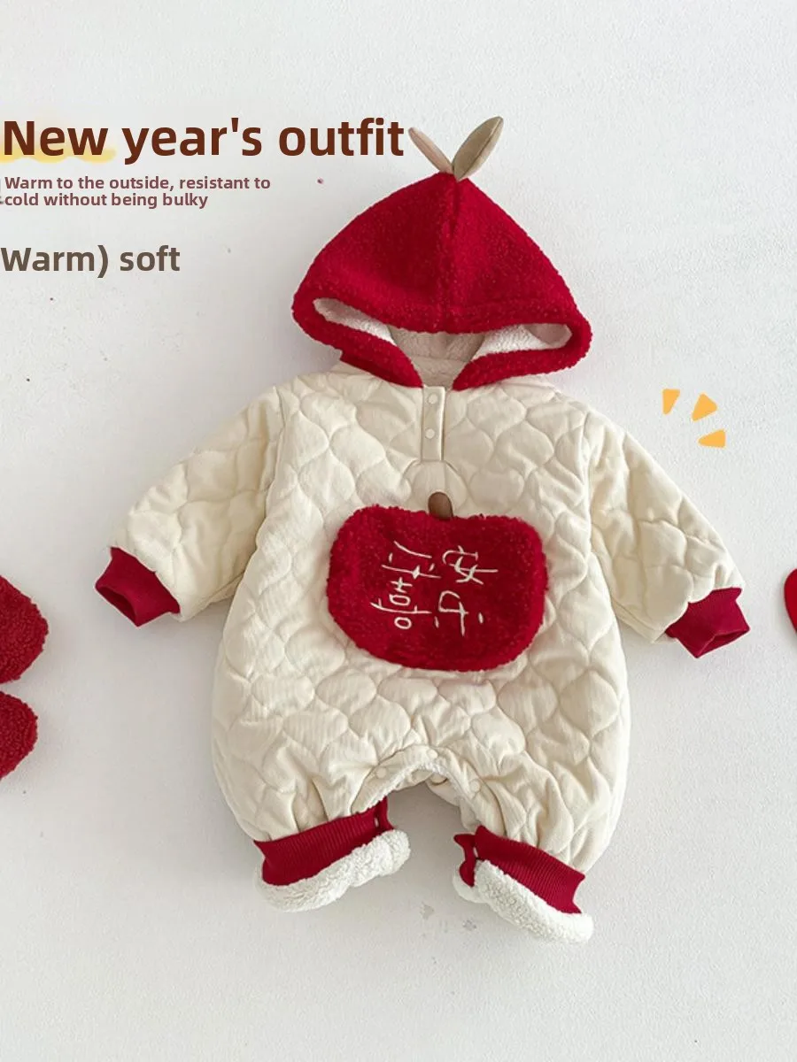 ملابس السنة الجديدة للأطفال الرضع، بدلة شتوية مبطنة بغطاء للرأس، تصميم متعدد الألوان، مادة ناعمة ومريحة للرضع