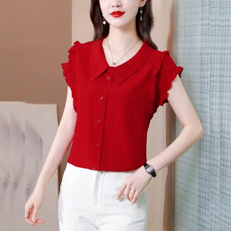 Summer Solid Color Pullover Button Short Sleeve Peter Pan Collar Ruffles Chiffon Women\'s T-shirt Casual Comfortable Retro Tops