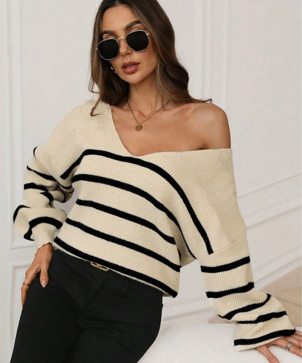 Women's Sweater Knit Tops Back Tied Bow Decorate V-neck Long Sleeve Stripe Pullover Autumn Winter Casual Streetwear