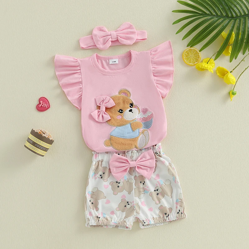 طقم شورت للفتيات الصغيرات بأكمام قصيرة على شكل دب/بقرة، شورت بخصر مطاطي مع ربطة شعر ملابس صيفية