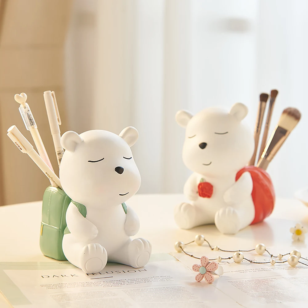 Modern Decor Bear Figurine Storage Pen Holder Desk Decoration Accessories Resin Embellishment Makeup Brush Storage Home Decor