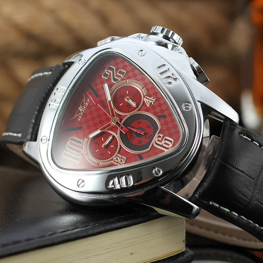 JARAGAR Men Watches Automatic Mechanical Triangle Case Sport Racing Design Leather Strap Date Day 24H Dials Bold Male Wristwatch