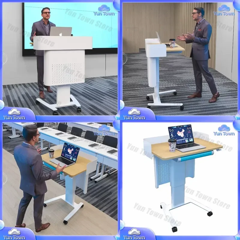 Mobile Podium for School Pneumatic Lift Table for Report Training Reception Room Lectern Office Standing Desk Adjustable