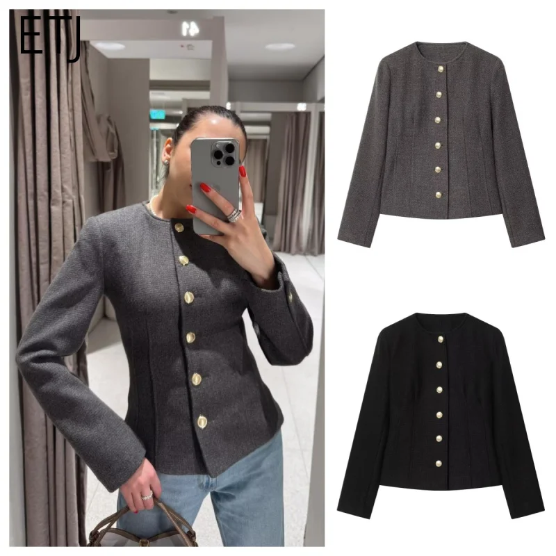 

ETJ 2026 Весенняя женская коллекция - Модная ретро-куртка с золотыми пуговицами, однотонная, с 3D-кроем и круглым вырезом, короткое пальто