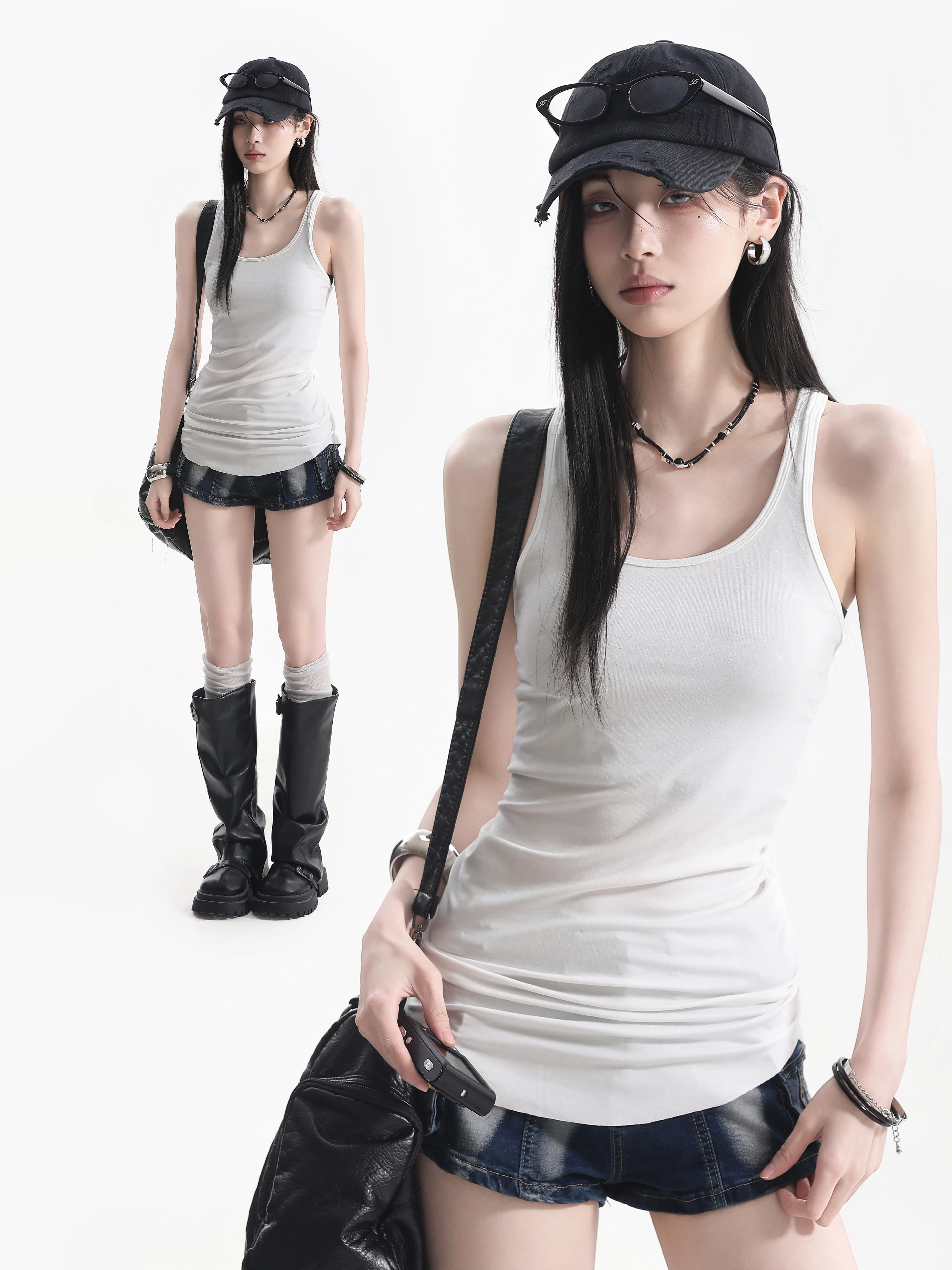 Cleanfit Sexy Summer Sleeveless Waist-Cinching Basic Pleated Vest T-Shirt for Young Women U-Neck Short Length Moisture Wicking