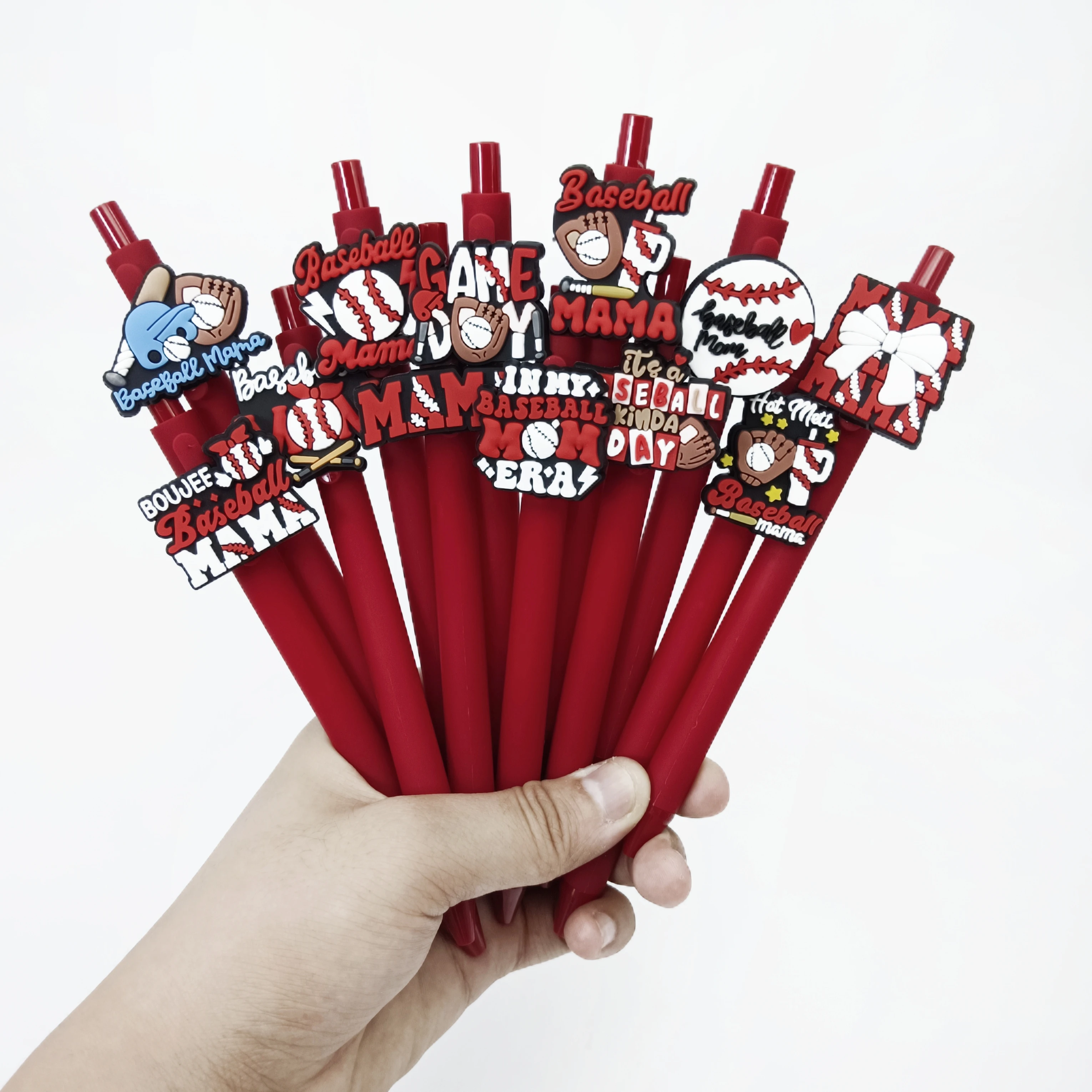 

12 шт., бейсбольная серия, нейтральная ручка, ПВХ, горячая кровь, спортивная мягкая шариковая ручка с нашивкой, красная ручка, толкающая ручка