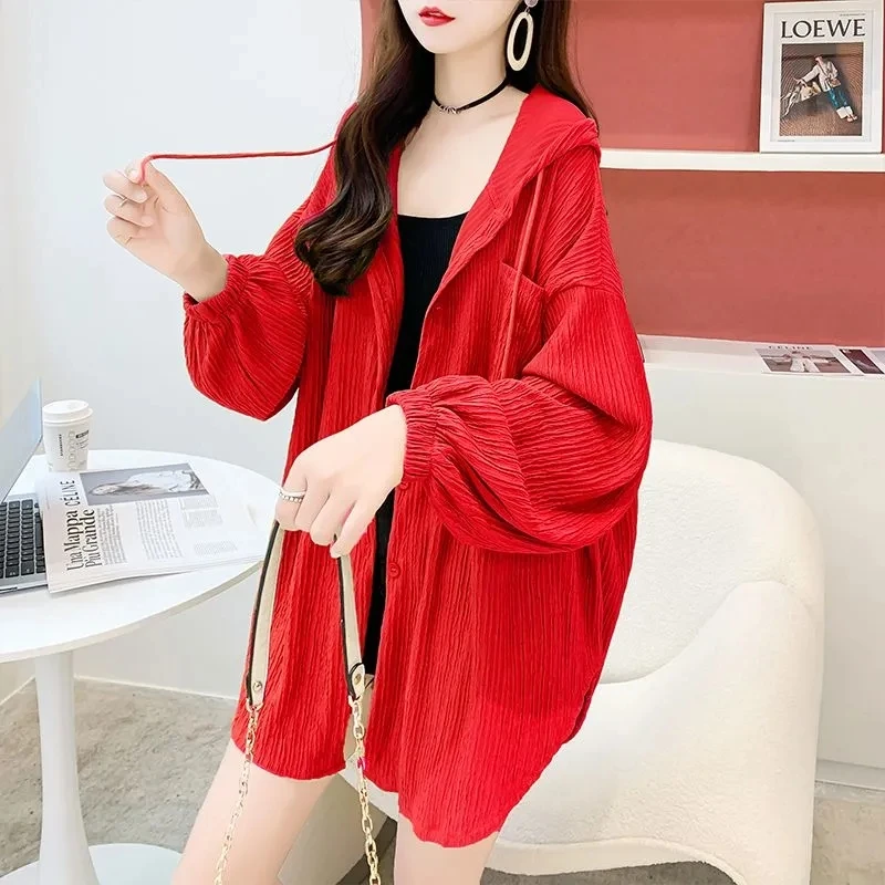 

Female Mid Length Version Breathable Hooded Sunscreen Clothing Tops Coat Women Summer Thin Style Loose Cardigan Sunscreen Jacket