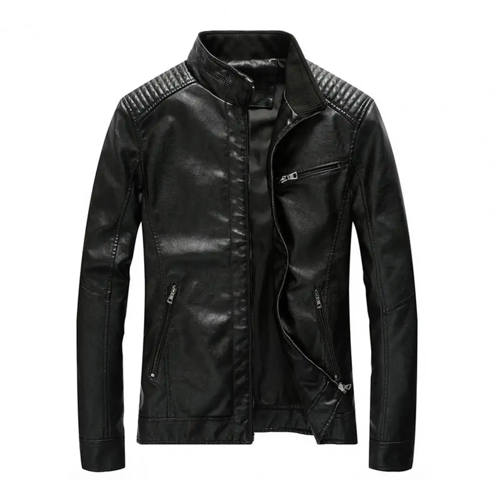 Men Faux Leather Jacket Stand Collar Pleated Shoulder Long Sleeve Zipper Placket Coat with Pockets Slim Outwear