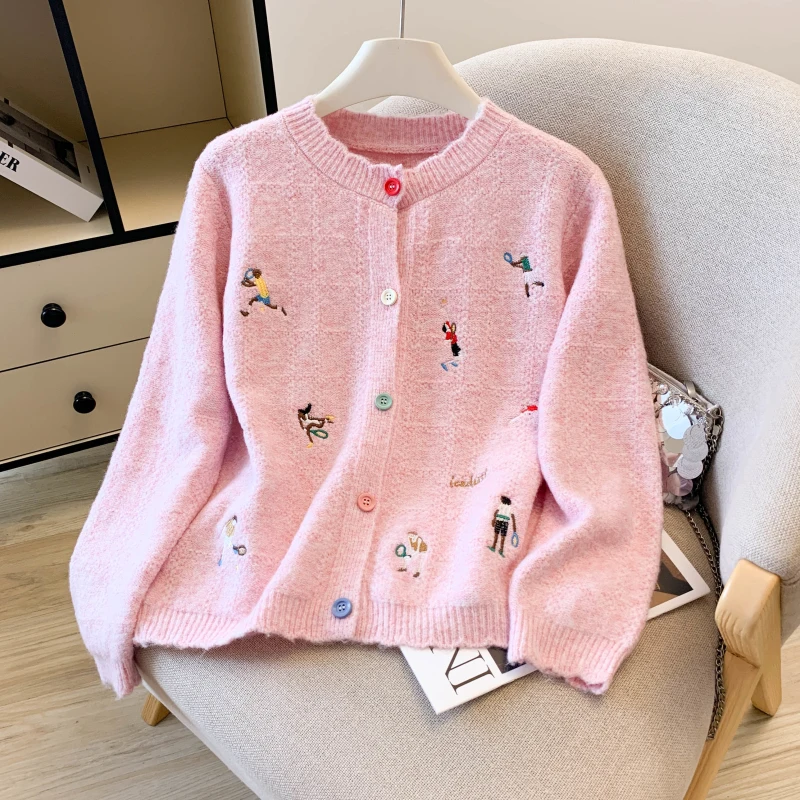 

2025, новинка, европейский, одежда, осень, зима, свитер, шикарный, сексуальный, с круглым вырезом, мультфильм, вышивка, женский, с длинным рукавом, вязаный, кардиган, топы, 5904