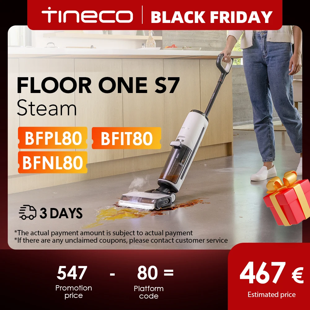 TINECO FLOOR ONE S7 Steam Limpiador Inalámbrico, limpia la Suciedad Pegajosa y los Bordes en Suelos Duros, Pantalla Digital, Autolimpieza, Tracción hacia Adelante, Seguro para Niños y Mascotas