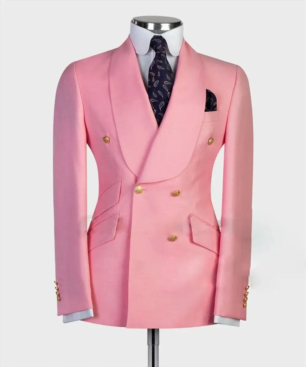 2024 Fashion Pink New Men\'s Casual Boutique Slim Double Breasted Solid Color Business Wedding Suit Blazers Dress Jacket Coat