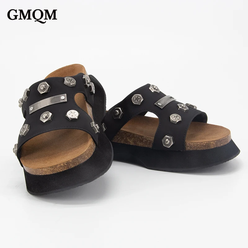 GMQM Fashion Rivet Slippers Women's Summer Thick Sole Cow Suede Leather Shoes Sandals Flats Peep Toe Outdoor Comfortable Shoes