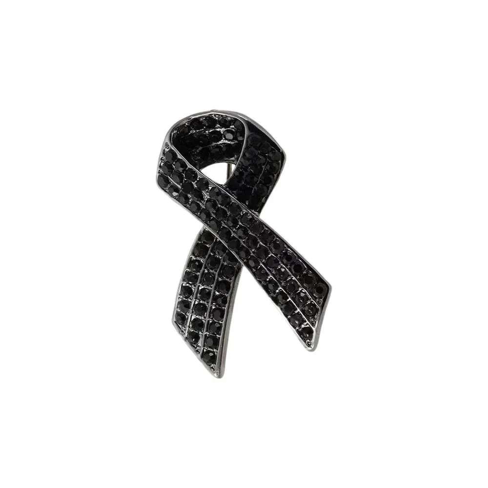 Rhinestone Crystal Black Ribbon Pin Melanoma Cancer Awareness Funerals Memorial Pin Skin Cancer Vintage Mourning Badge Brooch
