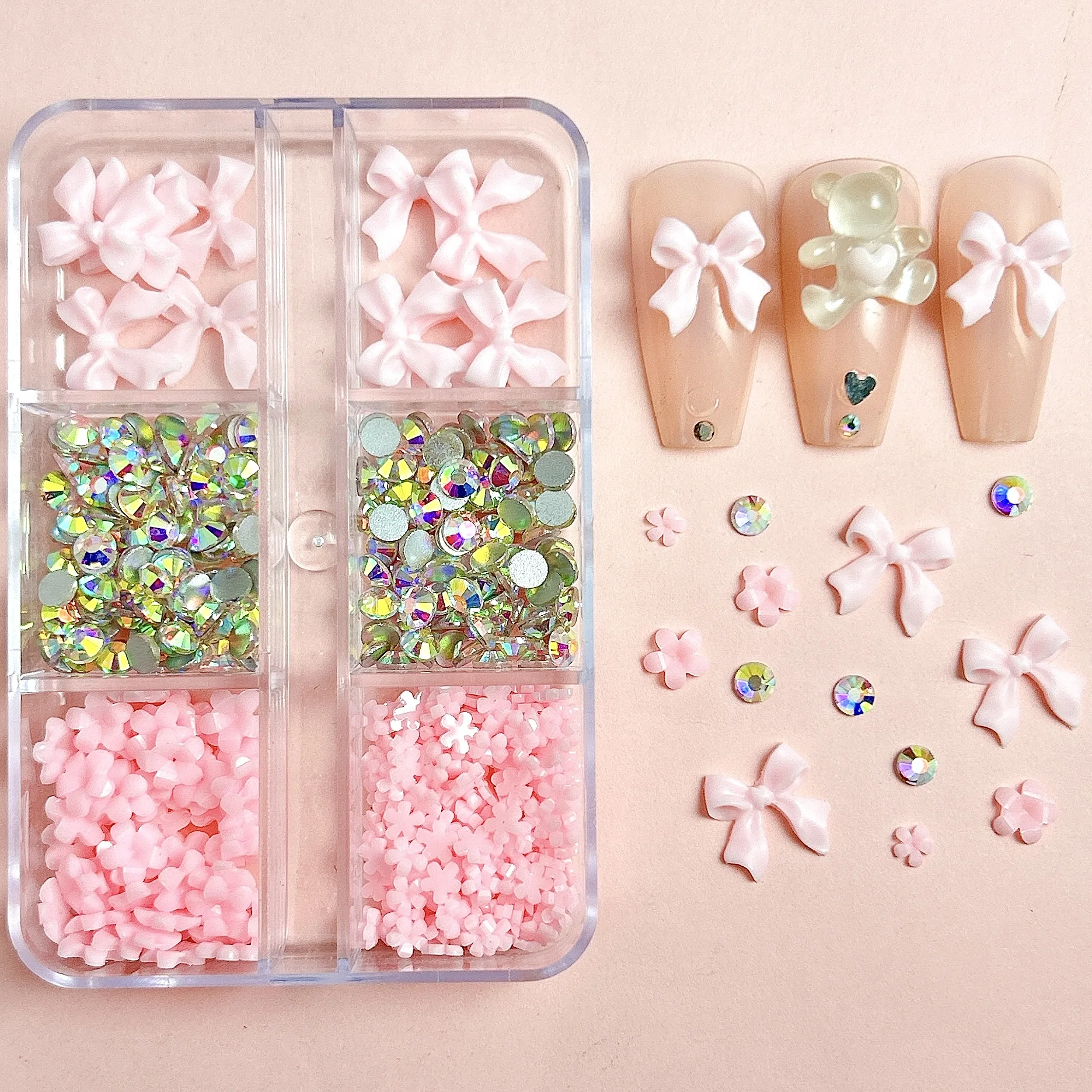 1Box Solid Color Minimalist Bow Flower Heart Resin Nail Art Decorations Mini Rhinestones Steel Balls Pearl Mixed Nail Charms DIY