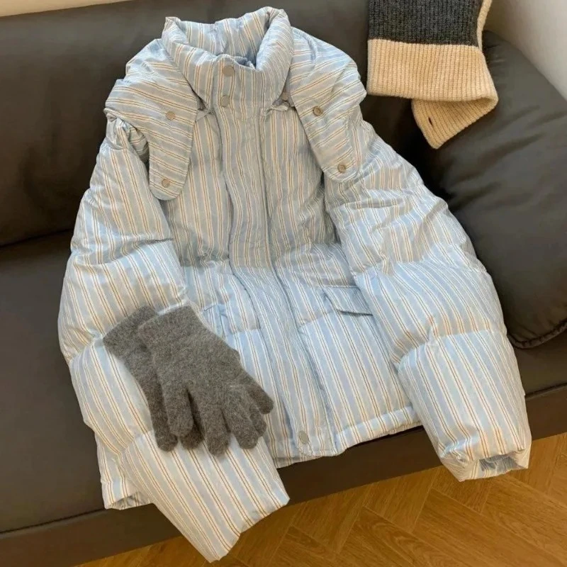 Women's Winter Tops Jacket Cotton Coat Striped Hooded Thickened Warm Vintage Simple Comfortable Leisure Fashion Niche Versatile
