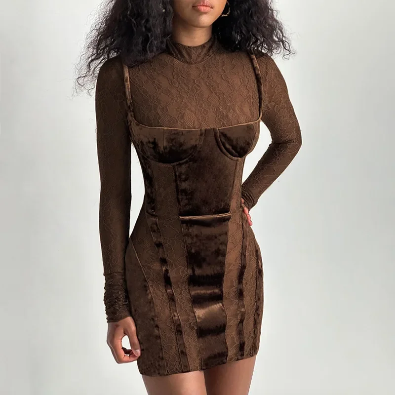 Sexy Kanten Fluwelen Patchwork Mini-Jurk Vrouwen Elegante Standaard Kraag Lange Mouw Bodycon Jurk 2023 Lady Chic Doorzichtig Feestgewaad