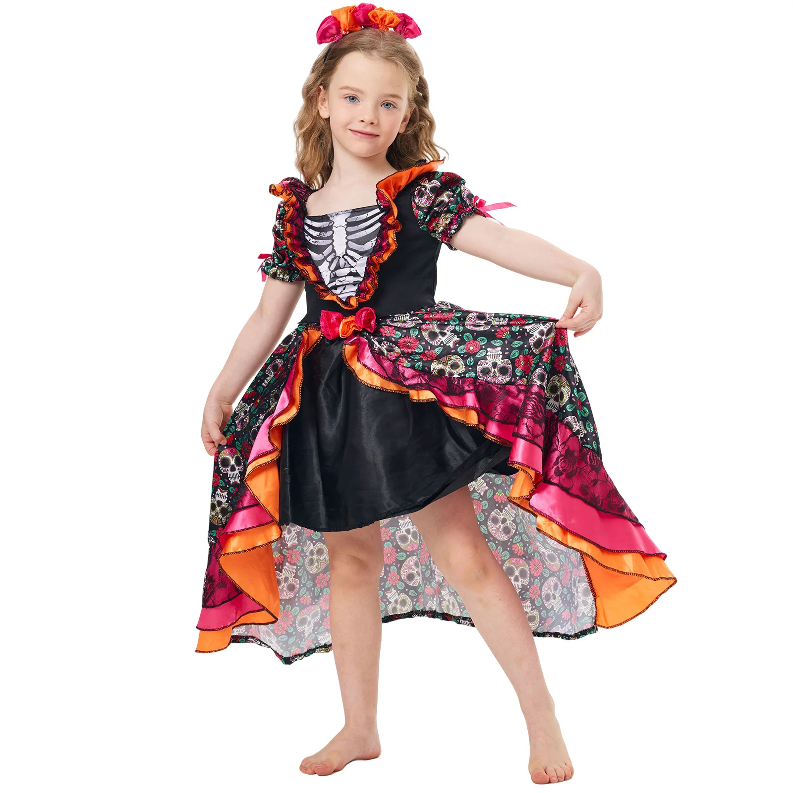 Day Of The Dead Costume Girls Day Of The Dead Dress with Flower Headpiece Halloween Skull Outfit