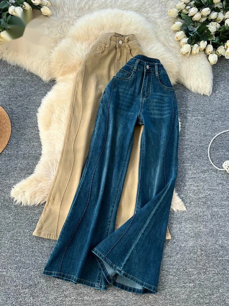 

Fashion Edgy Casual Jeans Feamle Line Design Celebrity Style Vintage Trousers High Quality Senior Denim Wide Leg Pants