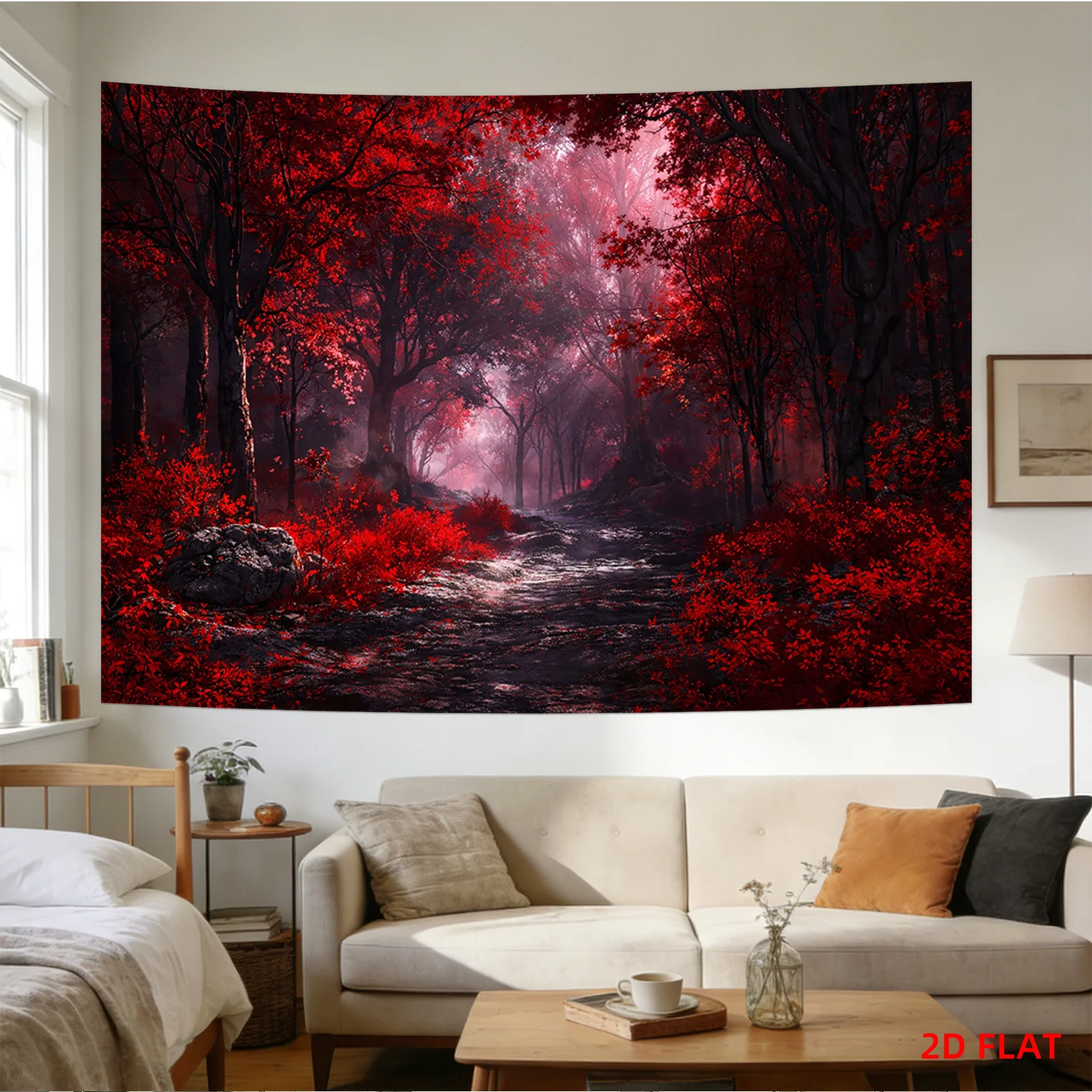 Large Red Forest Tapestry Wall Hanging Gothic Woodland Fantasy Art Decor Indoor Romantic Autumn Nature Wall Scroll