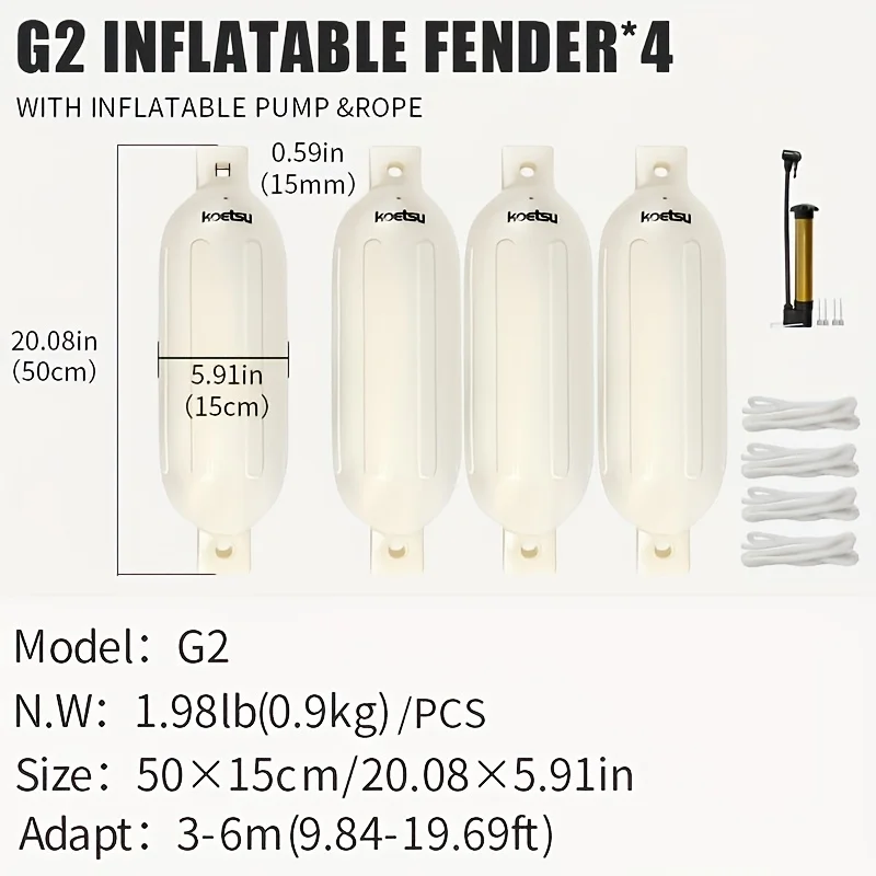 KOETSU Schlauchboot-Kotflügel, 2er-Pack/4er-Pack, universelle PVC-Marine-Stoßstangen mit Rippen und Linien, inklusive tragbarer Luftpumpe – Detail 7