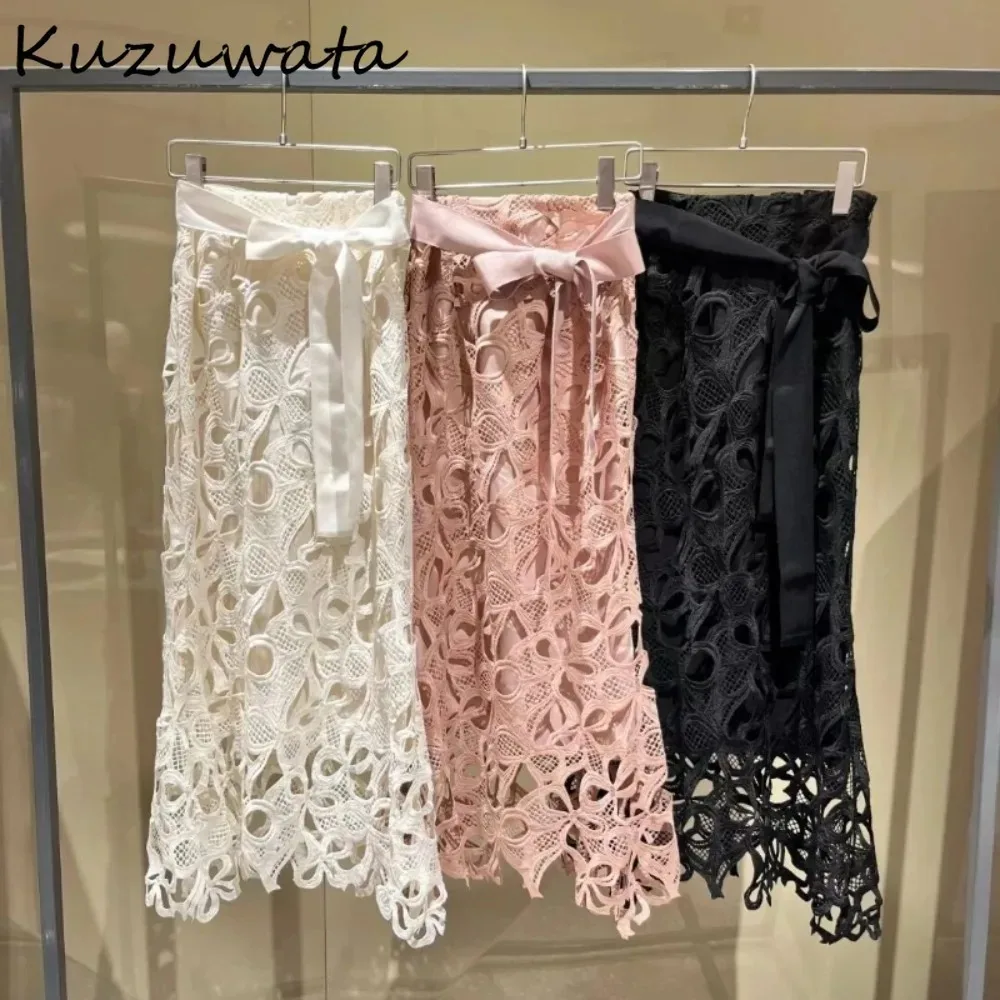 

Kuzuwata High Waist Slim Fit Bodycon Skirt Lace Up Embroidery Hollow Out Sweet Faldas Japan New Hook Flower Mermaid Mujer Faldas