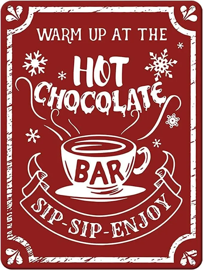 Divertida placa metálica de estaño con diseño de barra de chocolate caliente, florero navideño, póster, placa decorativa para entrada, cartel para pared de galería, 12 x 8 pulgadas