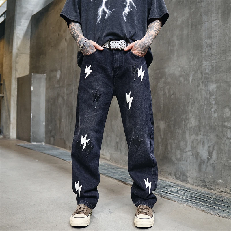 Hip-Hop Harajuku Men's Baggy Jeans Streetwear Design Lightning Pattern Loose Straight Denim Pants Washed Fashion Wide Trousers