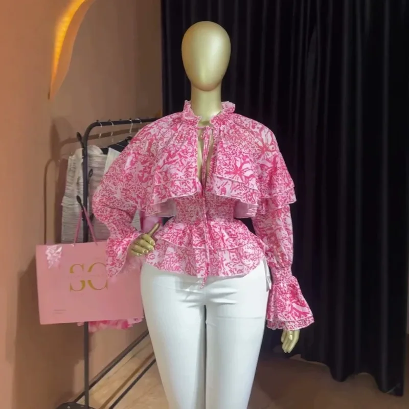 Damen Herbst Blumenmuster Bluse Süße Gerüschte Mehrschichtige Ausgestellte Langarm Bluse mit Geraffter Taille und Schößchen im Boho-Stil Lässiges Schickes Damen-Oberteil