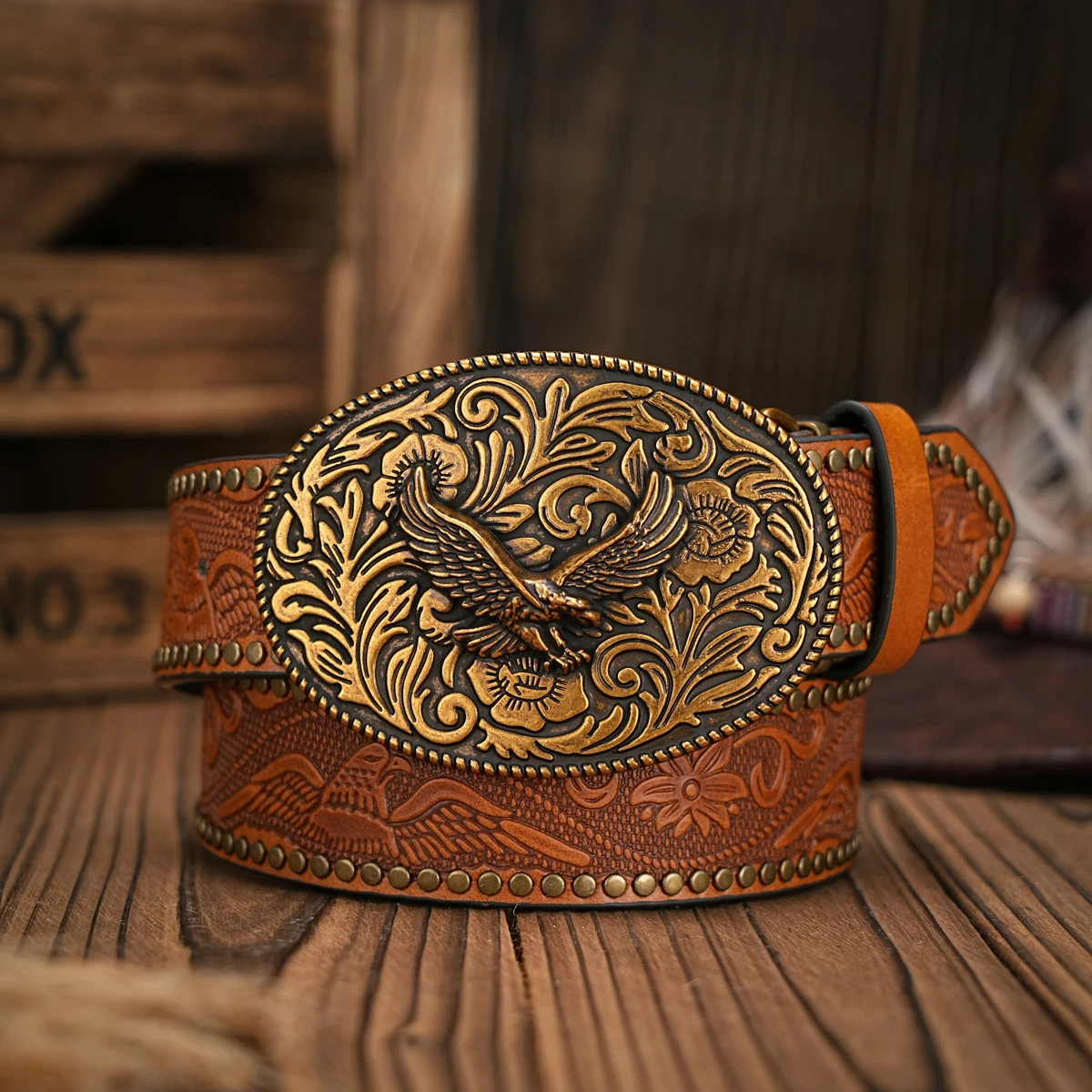 Men - Women - Western Denim - pu leather - Belt - Vintage jeans with floral carved buckle belt