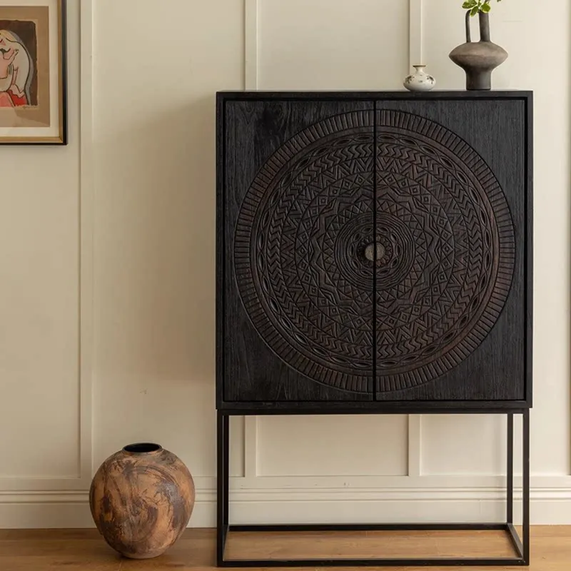 Medieval retro teak solid wood dining side cbinet high cainet vertical cabiet storage cabinet teak engraving cabine