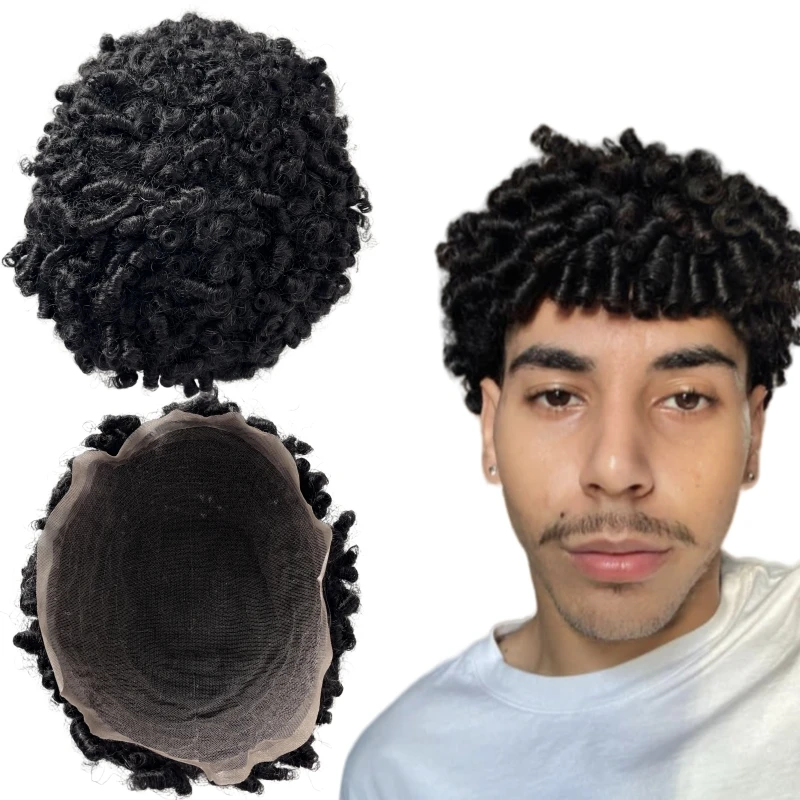 

Brazilian Virgin Human Hair Replacement #1 Jet Black 15mm Afro Curl Toupee 8x10 Full Lace Unit for Black Men