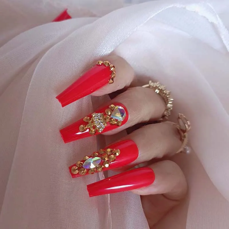 24 stuks luxe sieraden lange ballet doodskist nepnagels rood druk op nagels kristal diamant militair verwijderbaar