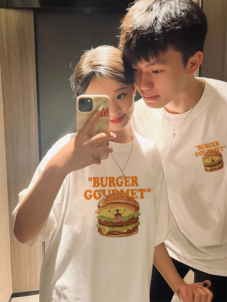 Burger Puppy Pattern Couple 2024 New High-quality Cotton Short-sleeved Summer Loose Casual T-shirt