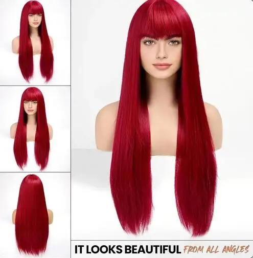 Women's Red Bangs Chemical Fiber Synthetic Wig Long Straight Hair Suitable For Girls Halloween Party Cosplay and Daily Use Wigs