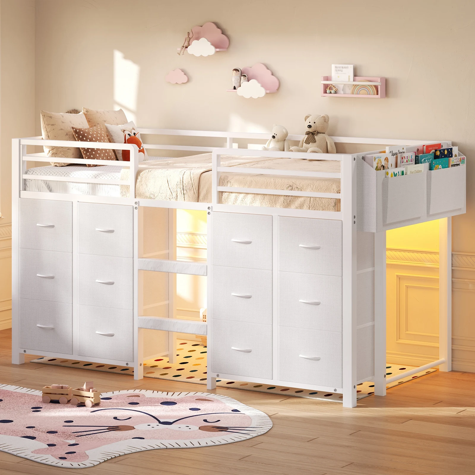 77.6*41inch Twin Size Low Loft Bed for Kids with 12 Storage Drawers & RGB LED Lights, Metal Loft Bed Frame with 11