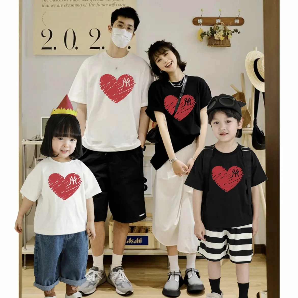 Y2K Red Heart Print T Shirt for Family Matching Korean Style Cotton Oversized Streetwear Harajuku Couple Parent Child Tee