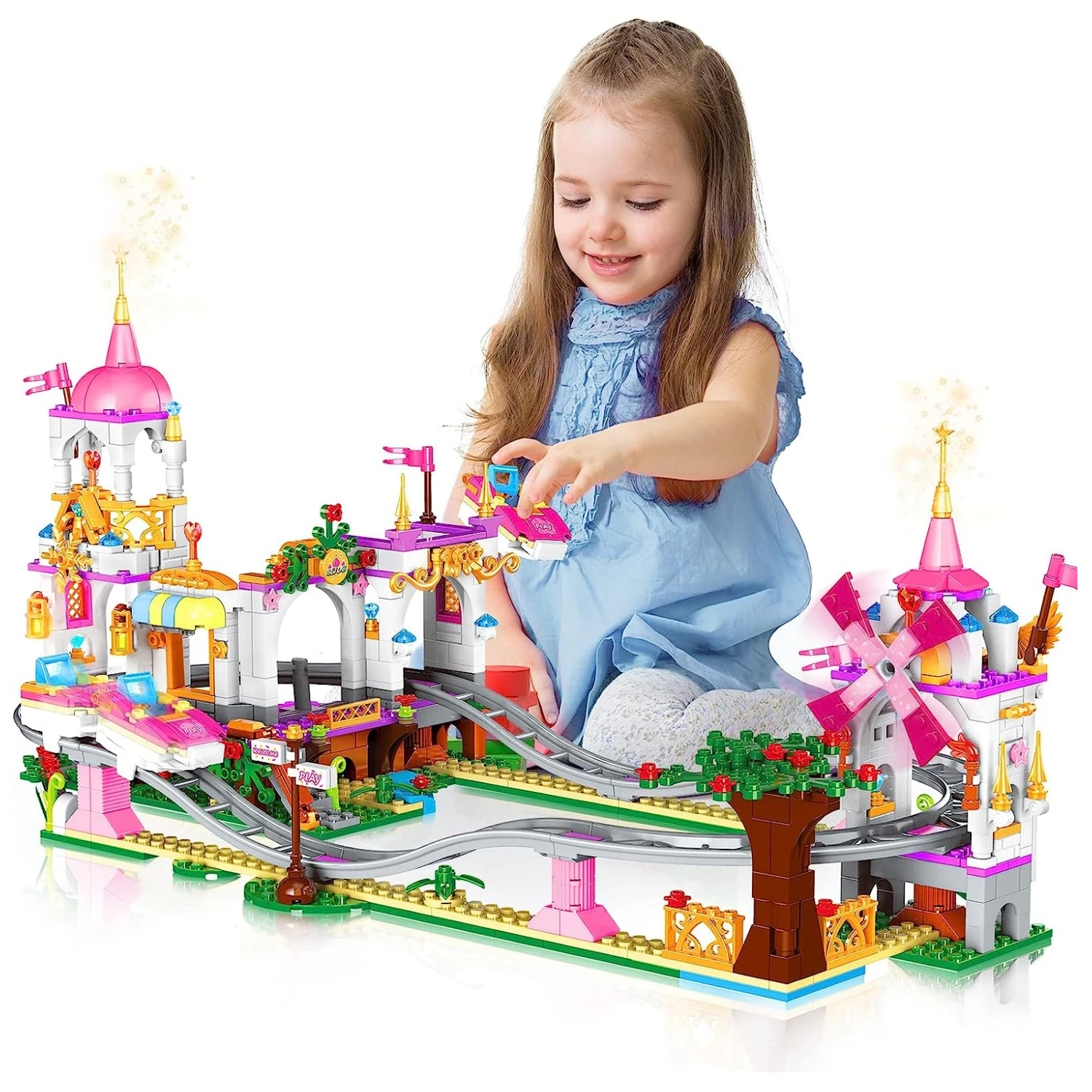 

Roller Coaster Building Kit 711Pcs Amusement Park Building Block Kit Princess Playground Park Pink Toy Christmas Gift for Girls