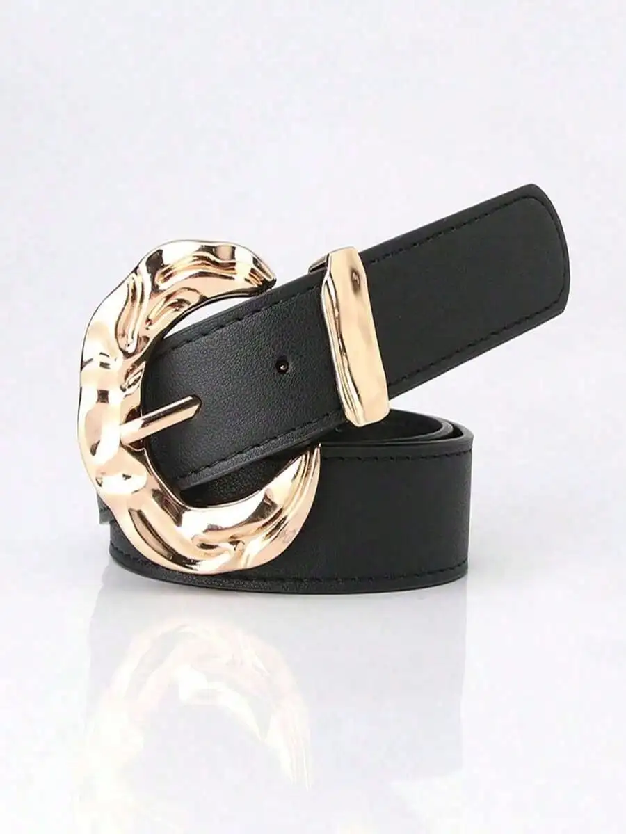 

1pc Women's Large Buckle Black Leather Belt, Suitable For Daily Use